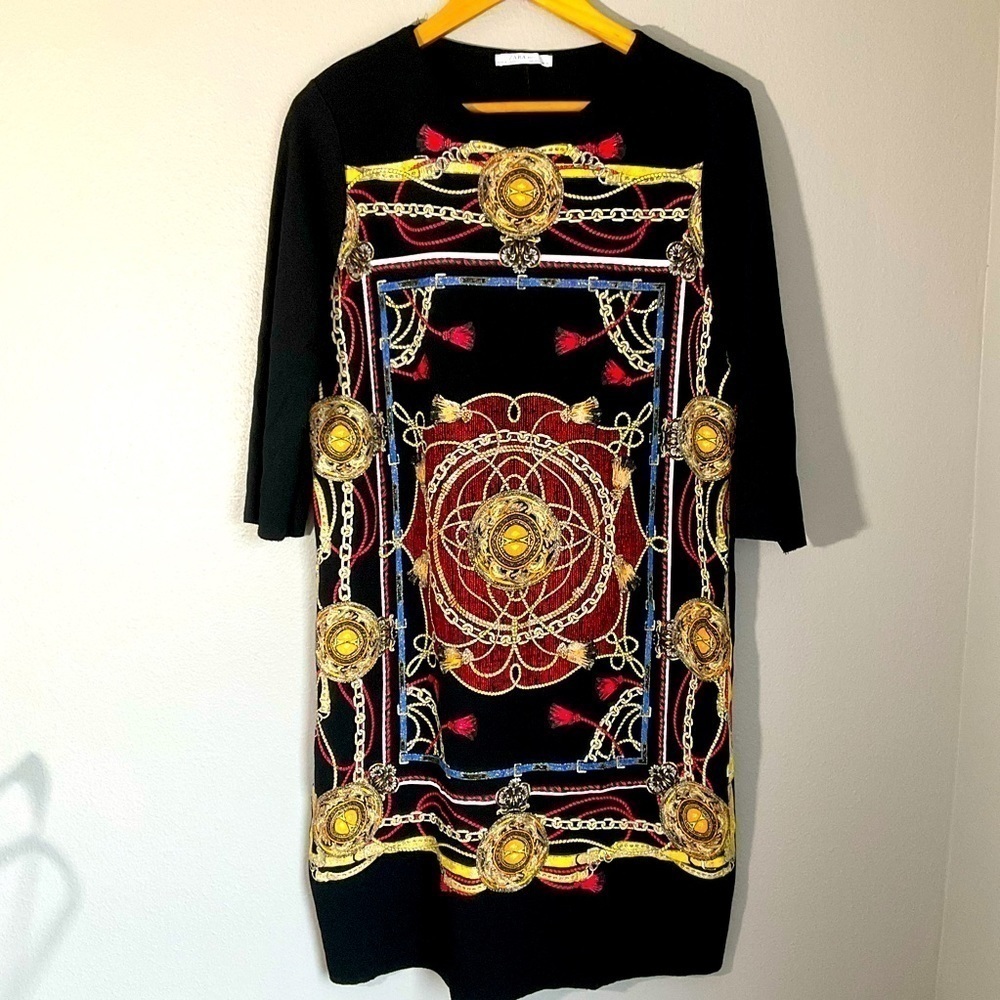ZARA Geometric gold designs Basic Tunic Black Dress size Large D146